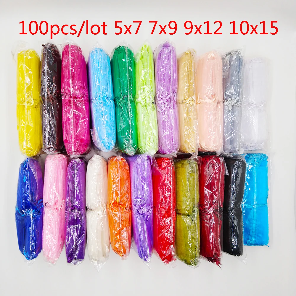 100pcs 5x7 7x9 9x12 10x15cm Drawstring Organza Bags Jewelry Packaging Bags Wedding Party Gift Bag Christmas Birthday Gift Bags