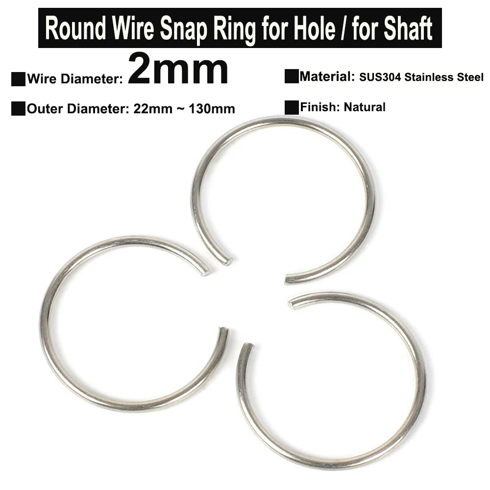 Yiqianyuan 10Pcs Stainless Steel SUS304 Round Wire Snap Rings Diameter Φ2mm Hole Retainer Circlips for Shaft OD 22mm to 130mm