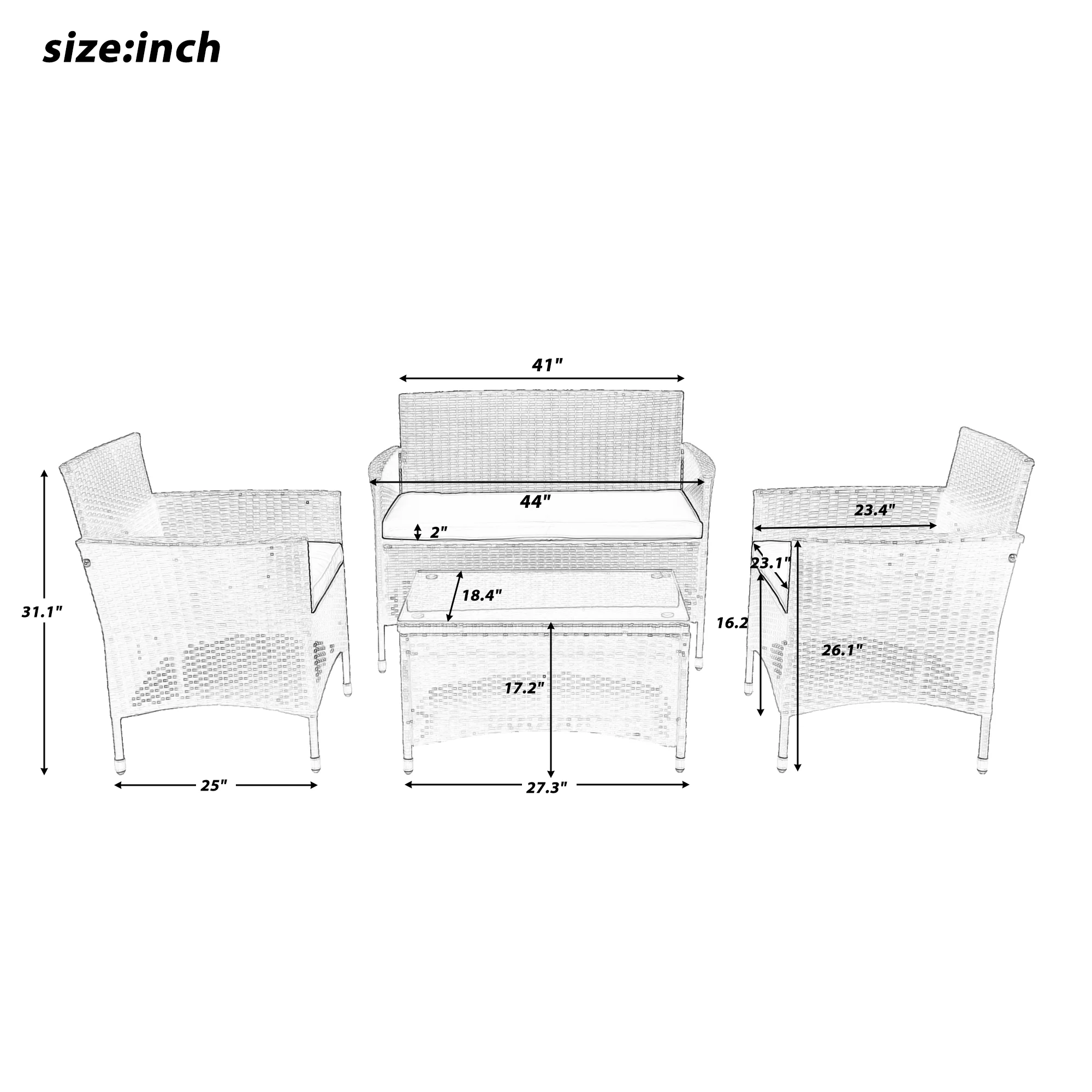 Outdoor Furniture Set 4 Piece Rattan Sofa Seating Group with Cushions for Garden Patio Terrace 2 Colors[US-Depot]