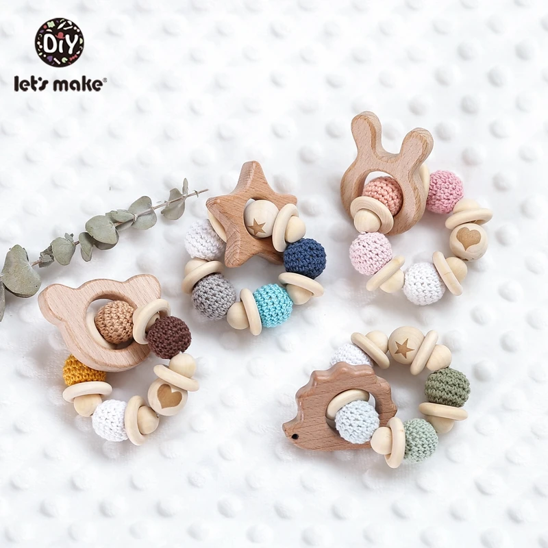 Let\'s Make Baby Rattle Bracelet Wooden Toys Crochet Beads Baby Teether Christmas Gift Hedgehog Elk  Wood Crafts Ring Engraved