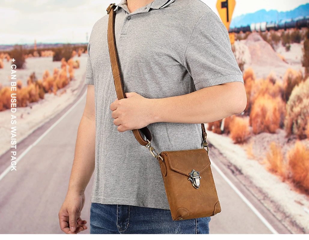 2021 New Men's Belt Bag Leather Retro Crazy Horse Cowhide Shoulder Bag Casual Fashion Wear Belt Small Bag