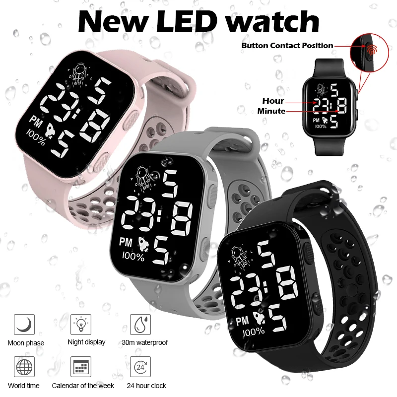 New LED Watch Waterproof Luminous Digital Watch for Kids Silicone Fashion Sport Calendar World Time Children Electronic Watch