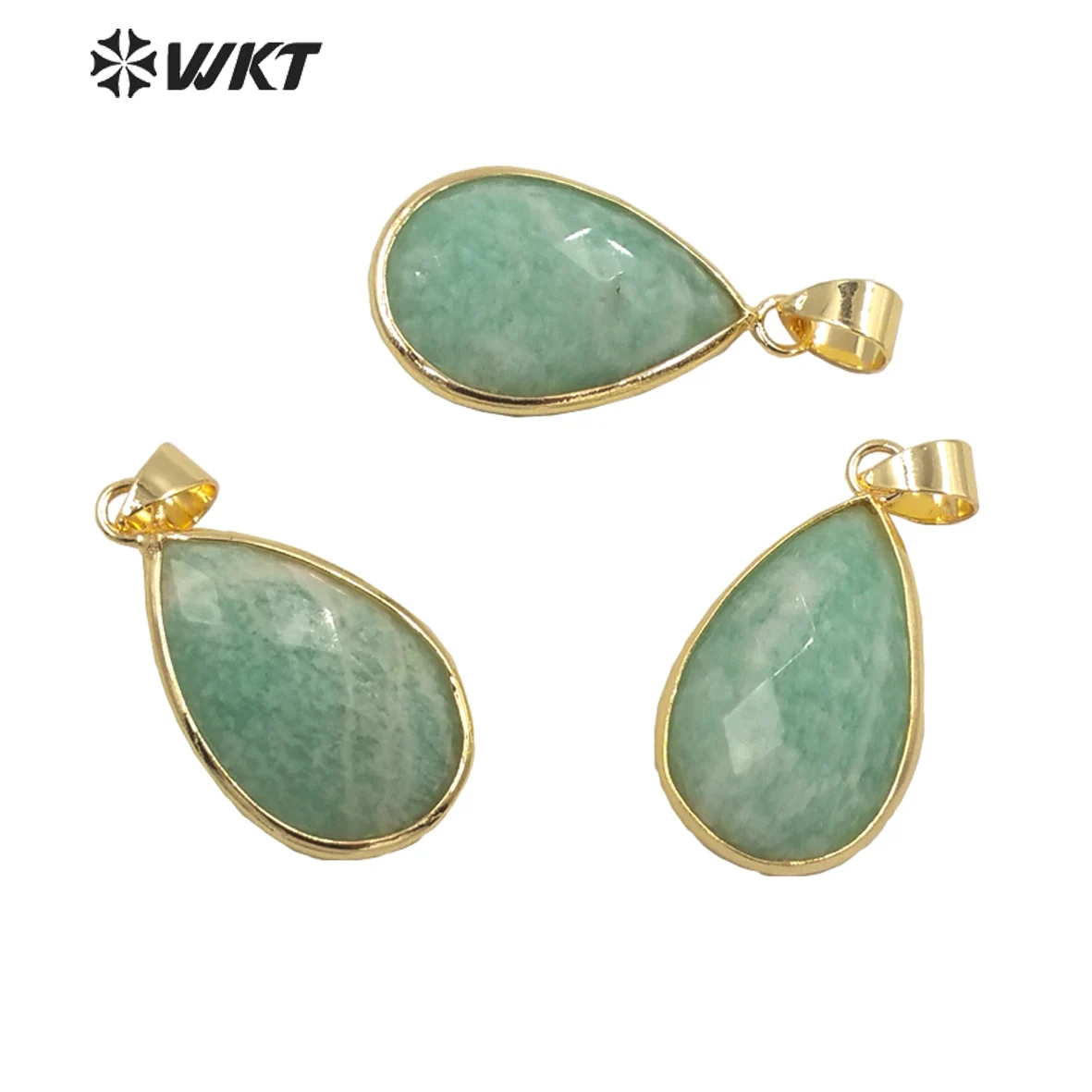 

WT-P1640 Wholesale Natural Stone Pendant With Gold Eletroplated Water Shape Glossy Green Stone Jewelry For Neckkace