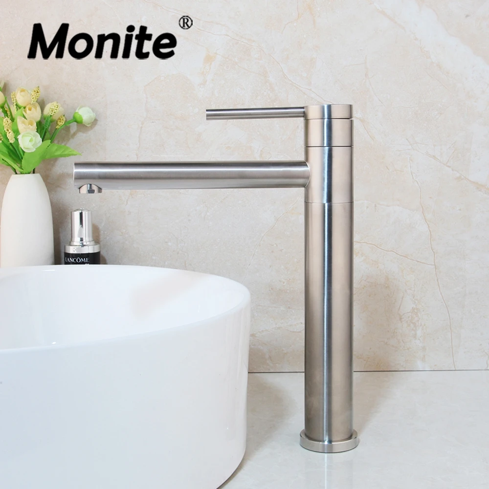 

Monite Nickel Brushed Bathroom Basin Tap Long Spout Solid Brass 1 Handle Water Tap Vessel Sink Mixer Faucet Countertop Faucet