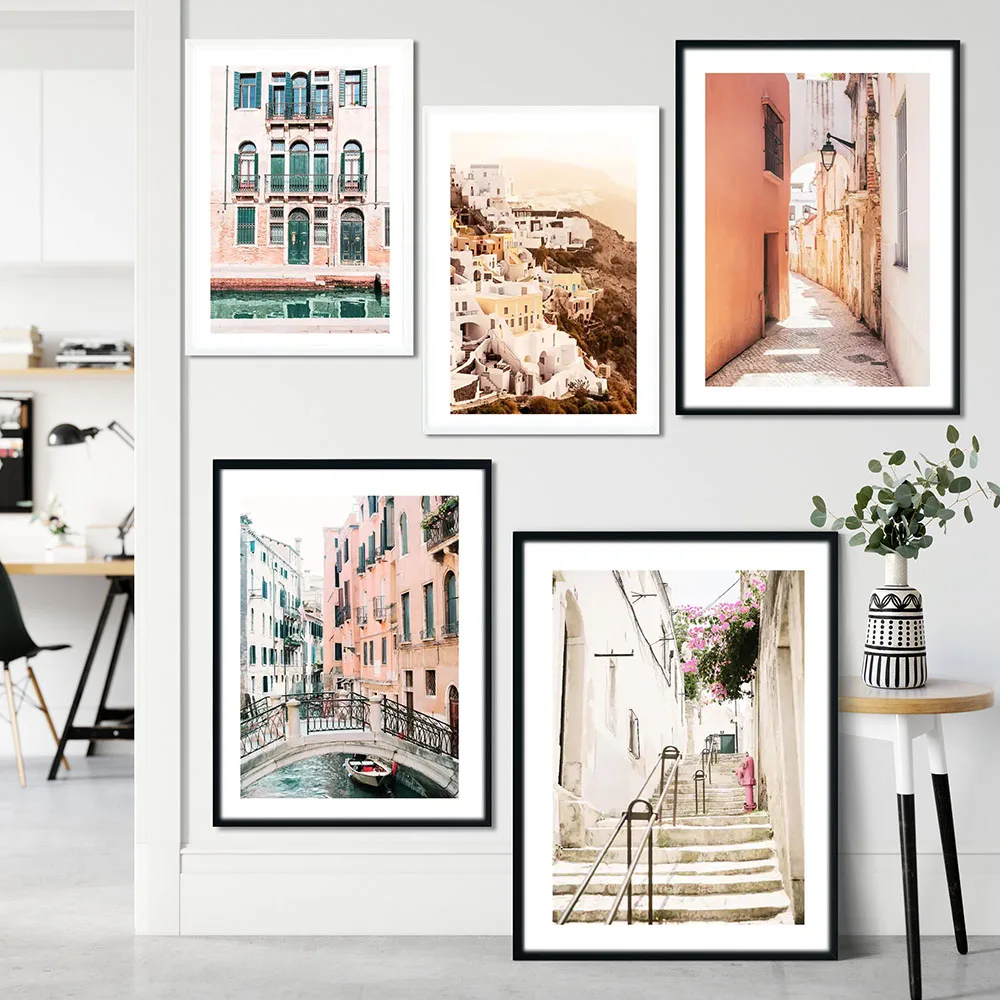 Nordic Modern Canvas Painting Venice Facade Spanish Alley Paris Roof Santorini Village Poster Wall Art For Living Room Home Deco