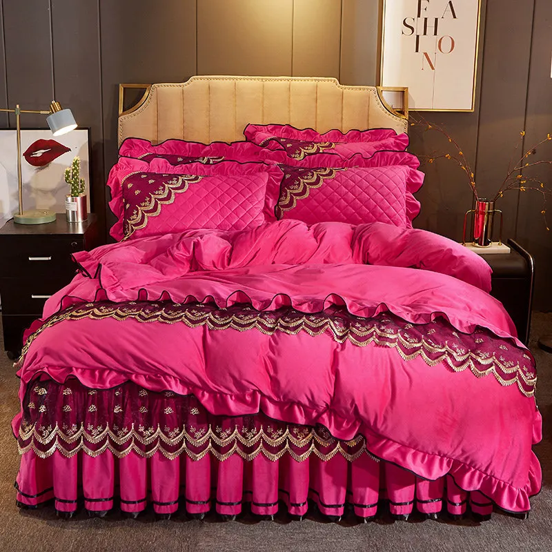 European Crystal Velvet Duvet Bedding Sets, Lace Quilt Cover Set, King Size, Queen Soft Bedspread, 2 Pillow Cases, 4PCs