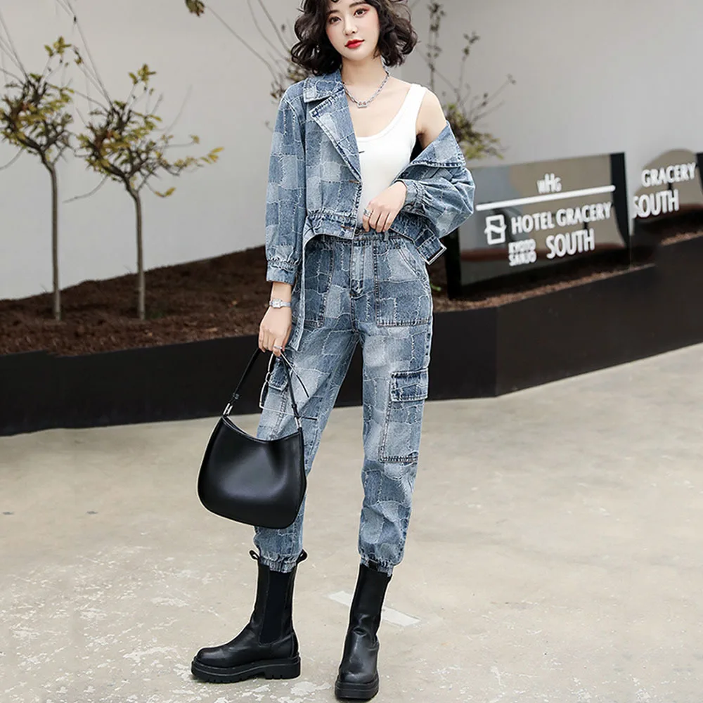 Europese Goederen Tooling Denim Pak Vrouwen 2021 Lente Herfst Trend Fashion Denim Korte Jas Denim Broek Casual Tweedelige pak