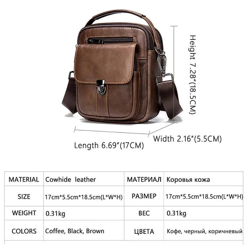 Luufan Genuine Leather Men\'s Shoulder Bag Vintage Cowhide Double Zipper Pockets Multifunctional Messenger Bag Male Mini Handbag