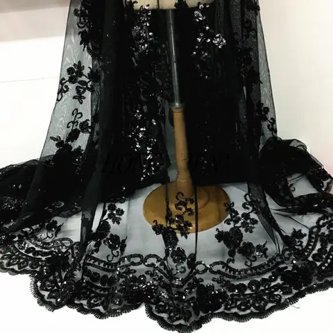 Mesh Embroidery Sequin Black Champange Gold Lace Fabric 130CM Wide Wedding Dress DIY Clothes Cheongsam Accessories