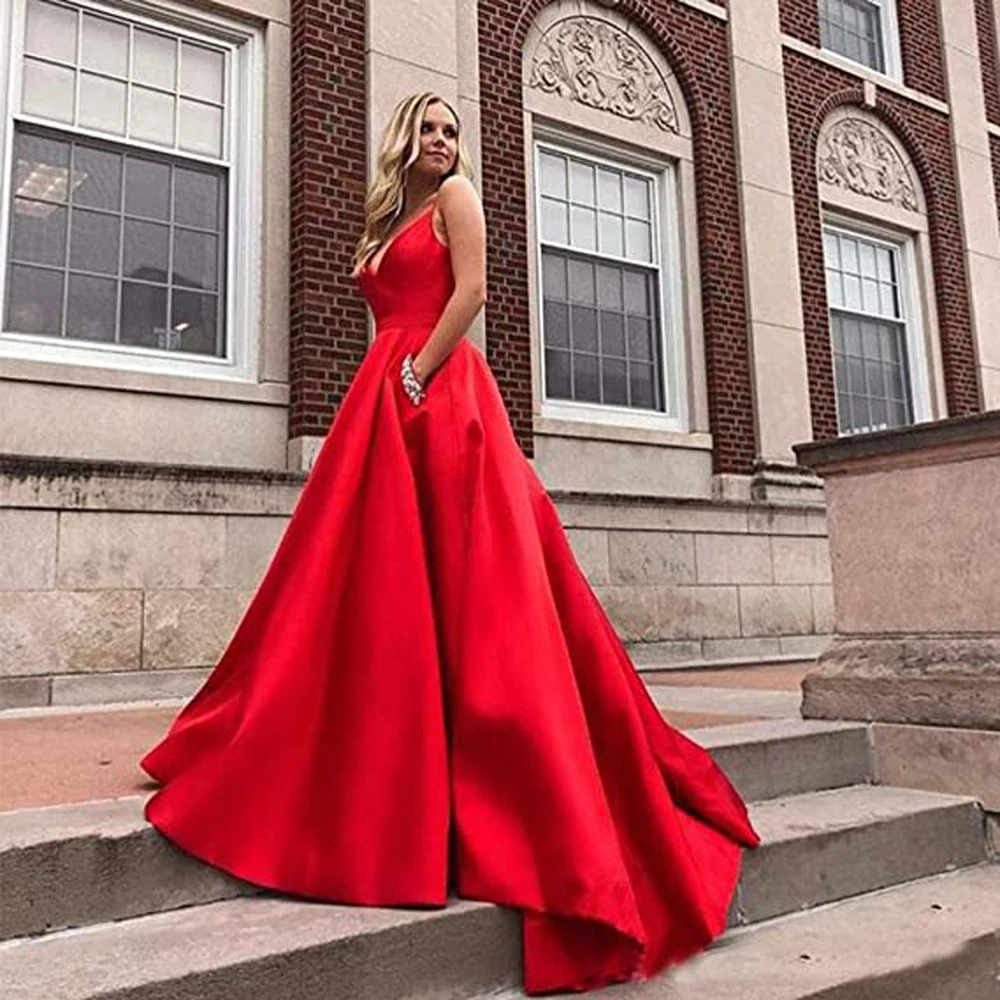 Women's Long Spaghetti Straps V Neck Beaded Satin A-line Ball Gown Prom Dress with Pockets vestidos de fiesta فساتين السهرة