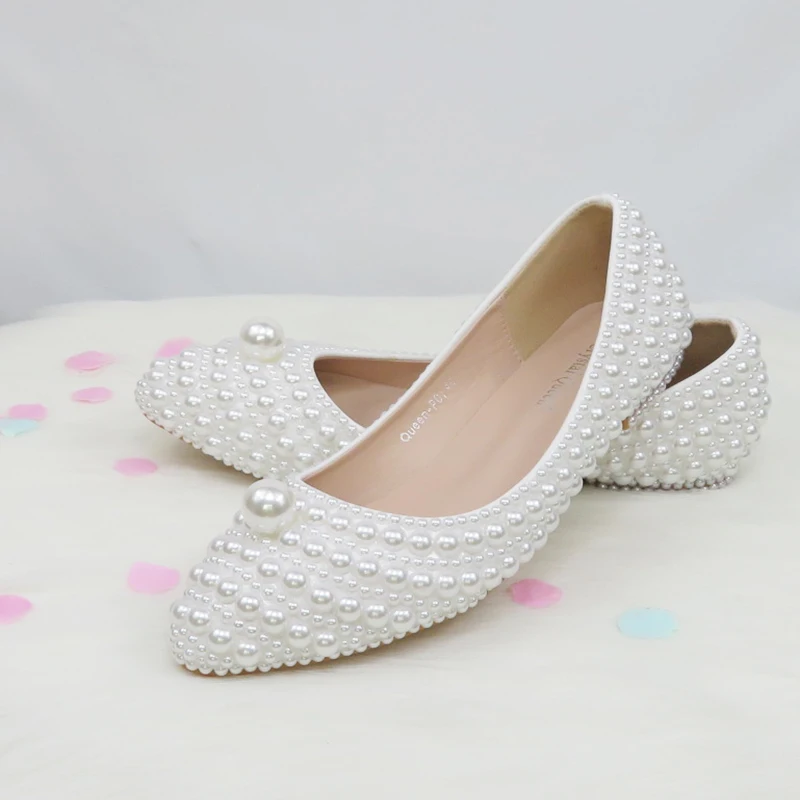 BaoYaFang New Arrive White Pearl Wedding Flat Shoes With Matching Bag Bride Pointed Toe Party Dress Shoes Woman Big Size Flat