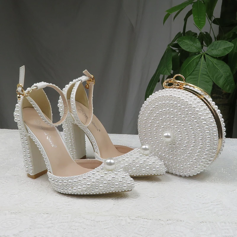 BaoYaFang White Pearl women wedding shoes And Bags Bride High heels shoes ladies party dress shoes woman Sweet Fashion Pumps