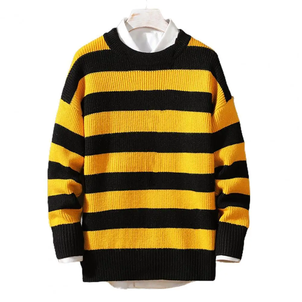 Plus Size Men Sweater Stripe Round Neck Loose Pullover Male Jumper Spring Sweater for Men Work Daily Wear