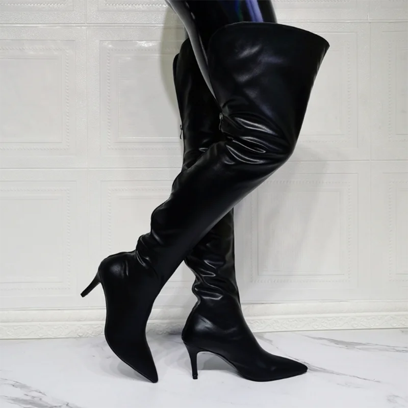 Big Solid Black Over Knee High Boots Thin High Heel Pointy Toe Back Zipper Women\'s Thigh High Sexy Boots Long Size 45