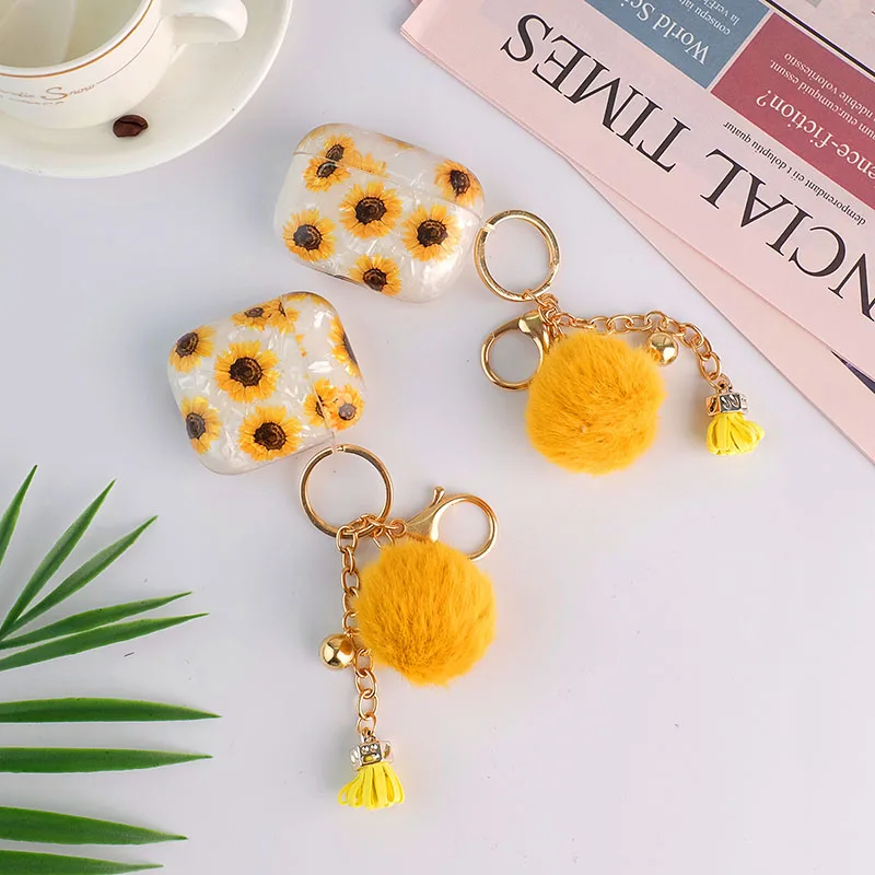 For apple AirPods 1 2 Pro Case Luxury Sunflower Flower Pattern Earphone Cases For Air Pods Pro Cover Box Cute Hairball keychain