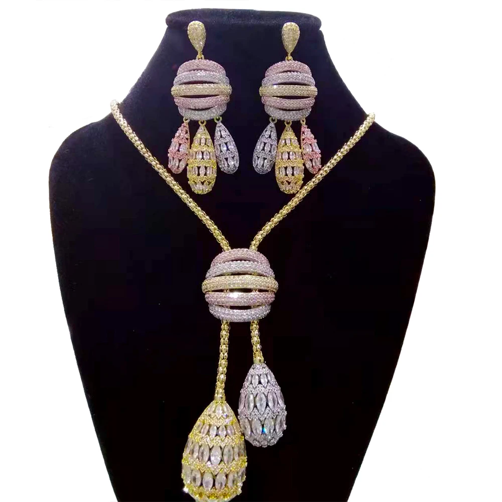 GODKI Big Fashion Luxury Tricolor Drops Statement Jewelry Set For Women Wedding Party Full Zircon Dubai Bridal jewelry Set 2020