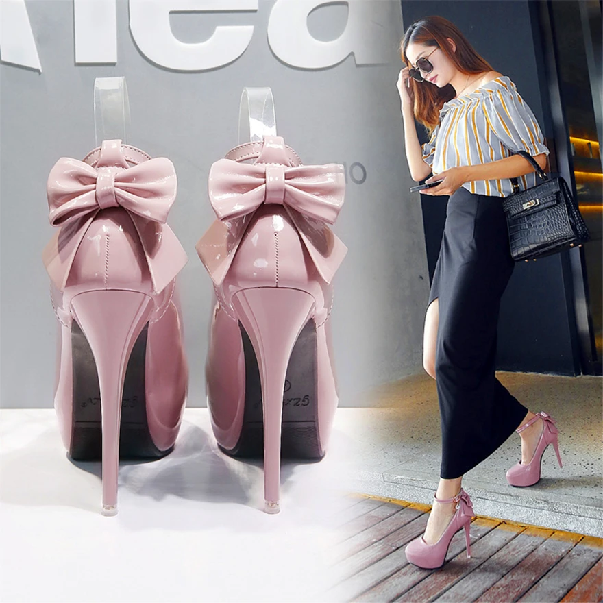 Sweet Bowknot 12cm Super High Heel Women Shoes Crystal Buckle Platform Sexy Pumps Patent Leather Round Toe Ladies Wedding Shoes