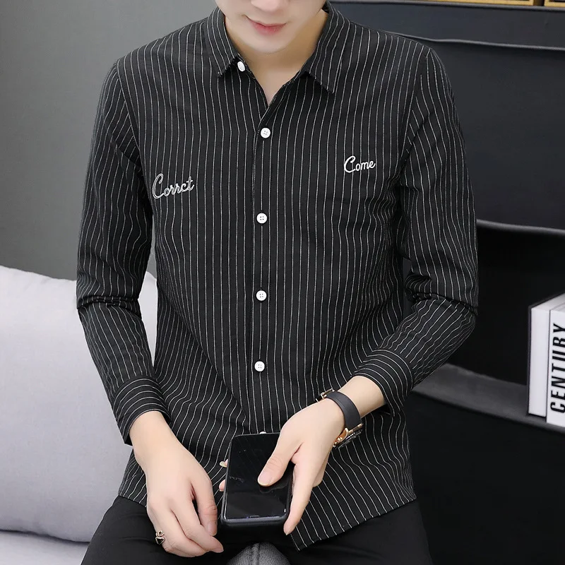 

Men's Wear Spring New Fashion Thin Casual Korean Version Embroidered Cardigan Slim Lapel Stripe Top High-end Long Sleeve Shirt