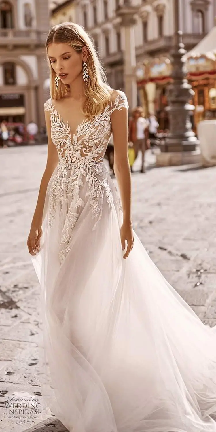 2020 Beach Wedding Dresses V Neck Lace Apliques Illusion A Line Boho Wedding Dress Cap Sleeves Backless Robes De Mariée