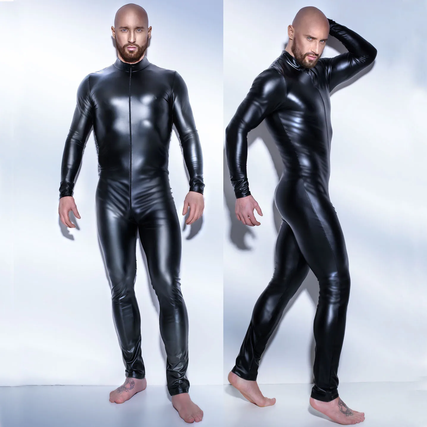 latex Men Wet look Catsuit Faux Leather Mesh Jumpsuits Black Tight PVC Bodysuit Sexy Clubwear Men Lace Lingerie Fetish Body Suit