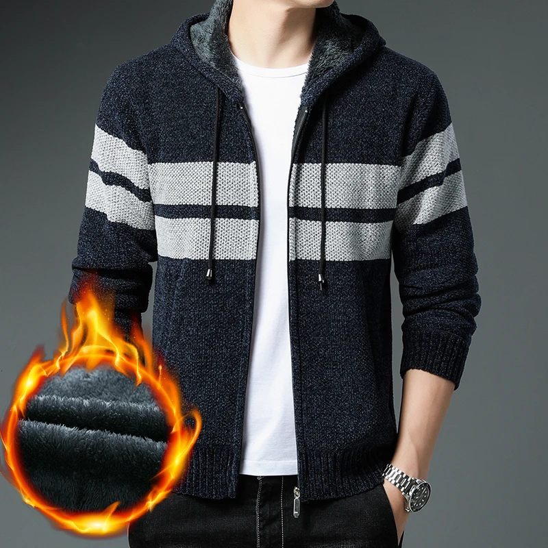 Men\'s Jacket Autumn Winter New Fleece Thick Knit Cardigan Warm Sweaters Coat Korean Hoodies Loose Casual Hooded Striped Sweater