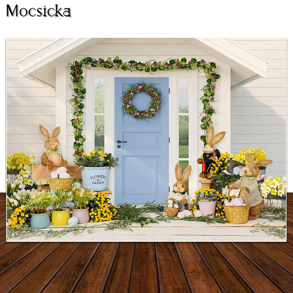 

Easter Backdrop Spring Floral Door Decor Flowers Rabbit Photography Background Bunny Kids Portrait Photo Booth Studio Props