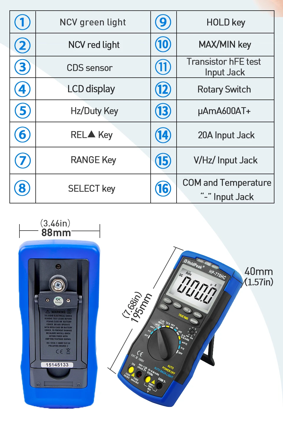 Imagem -02 - Holdpeak Hp770hc Multímetro de Faixa Automática Digital ac dc Tensão Multímetro Temperatura Frequência Ciclo de Trabalho Rms Alta Qualidade