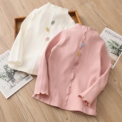 2024Spring Autumn 2 3 4-10 Years Kid's Clothes Children Solid Color Princess Knitted Pullover Leaf  Basic T-Shirt For Baby Girls