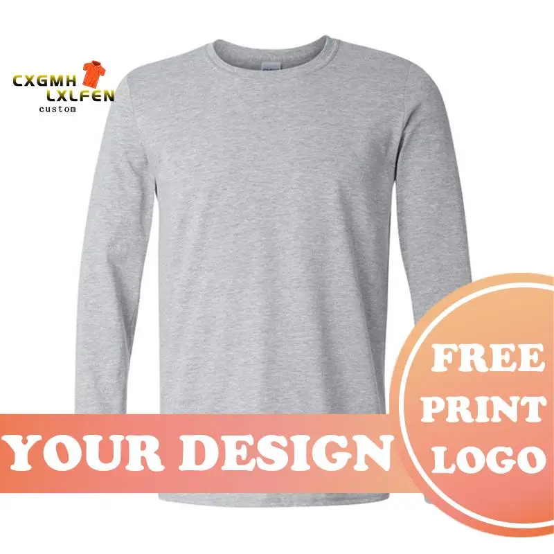 Custom logo cotton t-shirt Spring/autumn men T-shirt home men\'s long sleeved O-neck solid color casual T-shirts USA size XS-2XL