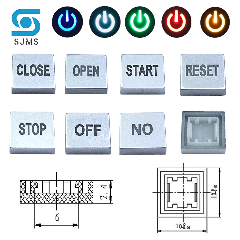 10pcs C10 LED 10*10mm Square Switch Cap Symbol Cap For 6*6mm LED Tact Push Button Switch CLOSE OPEN START RESET STOP OFF NO