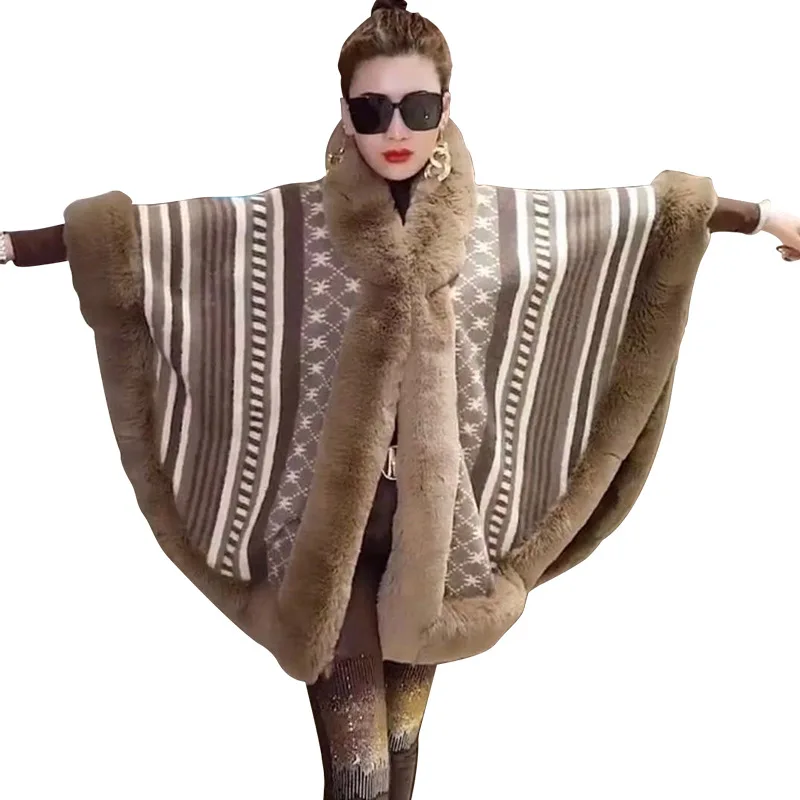 Oversize Big Collar Shawl Coat Printed Striped Cloak Winter Women Batwing Sleeves Faux Rabbit Fur Loose Out Street Wear Cape