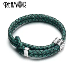 REAMOR Retro Green Blue Cowhide Genuine Leather Adjustable Bracelet Men Stainless steel Beads Handmade Braided Bracelets Bangles