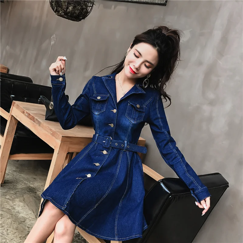 

Dress Denim 2022 Autumn Women Single Breasted Turn-Down Collar Sashes A-Line Long Sleeve High Waist Office Lady Mini Shirt Dress