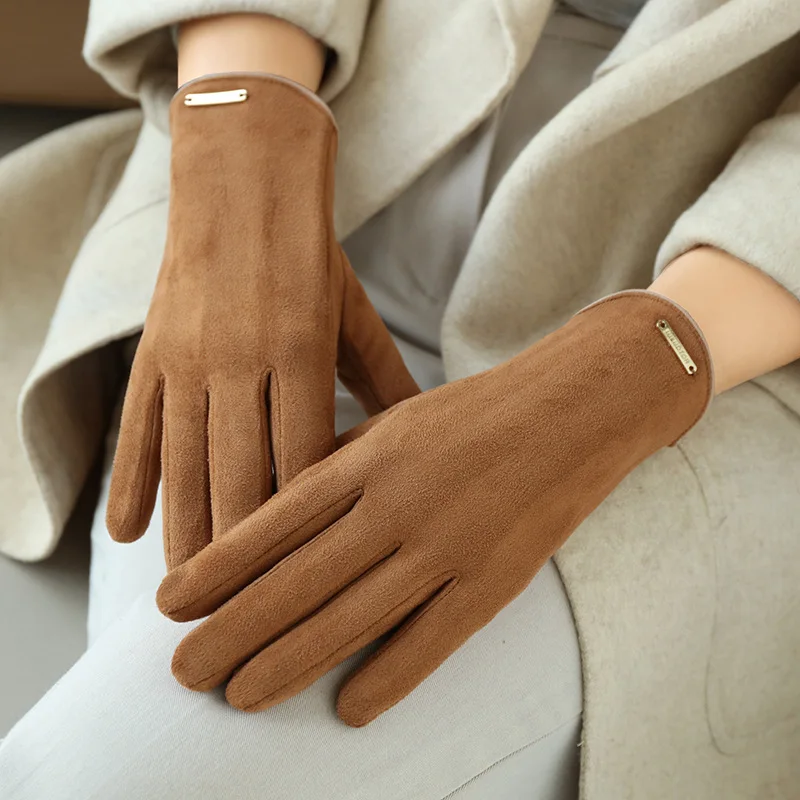 Gants d\'hiver chauds en daim et cuir pour hommes, pour la conduite à écran tactile, en velours Plus épais, à rabat, pour cyclisme, R57