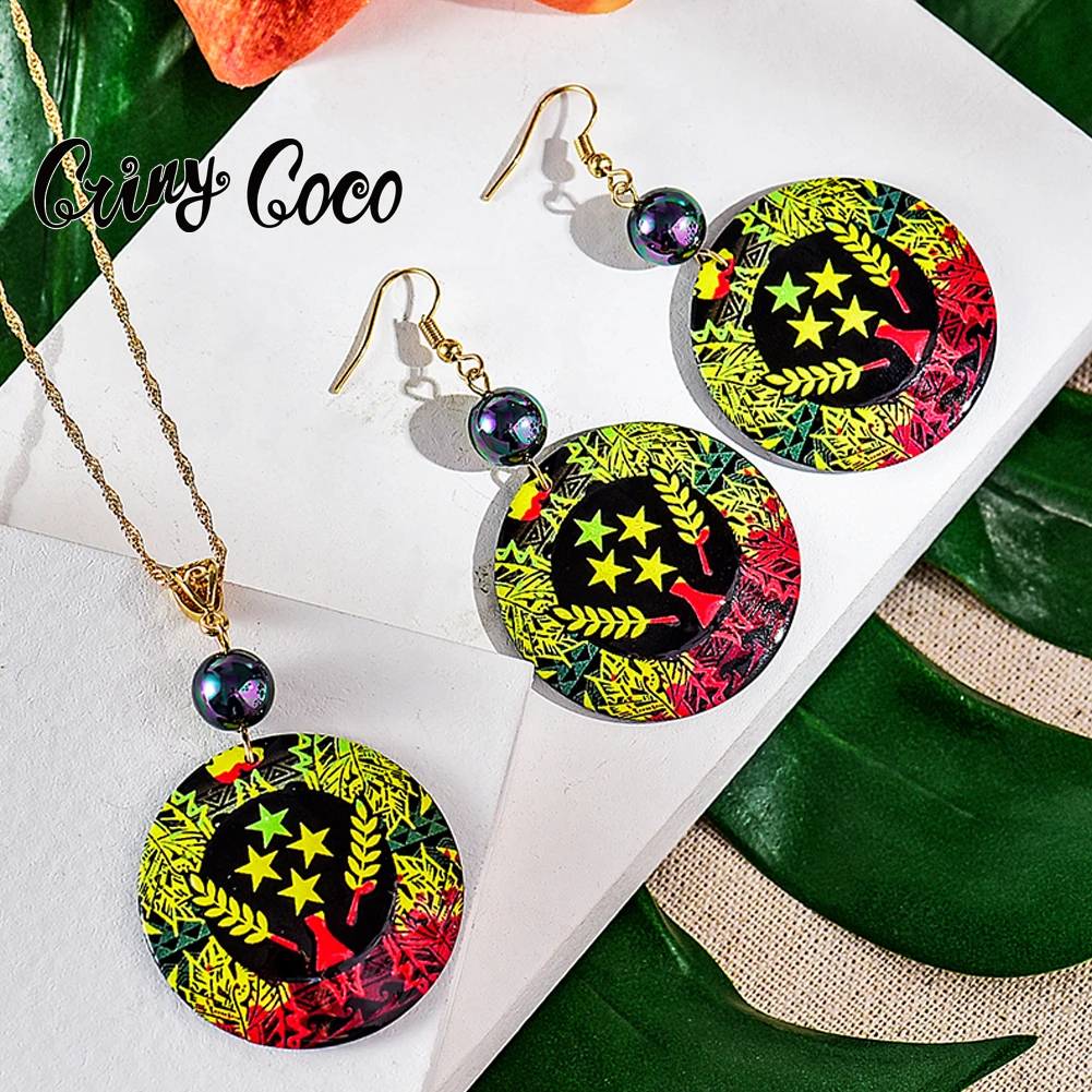 Cring Coco National Flag Pendant Necklace Set Fashion Polynesian Hawaiian Earing Acrylic Round Holiday Jewelry Sets for Women