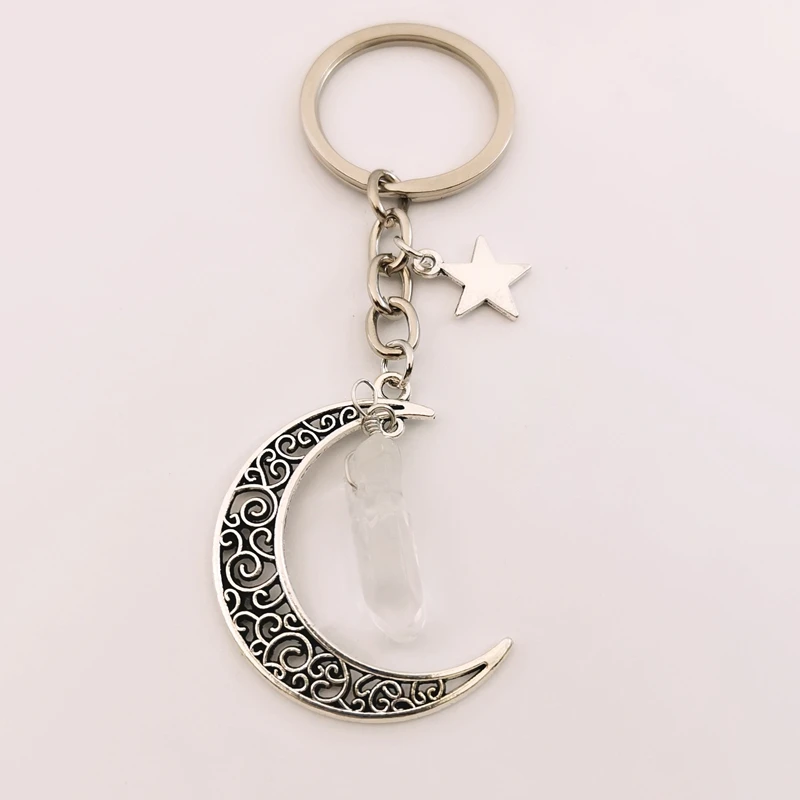 Crescent Moon Keychain with Natural White Quartz Crystal, moon and Stars, goth Choker Keychain, Witchy Jewelry Gift