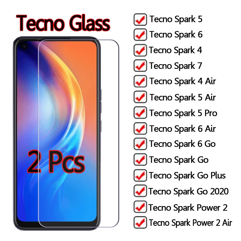 2Pc Phone Screen Tempered Glass For Tecno Spark 7 7T 7P 8 8P T P 5 6 GO Cover For Tecno POP 5 4 5C 5P Front Protector Film Glsss