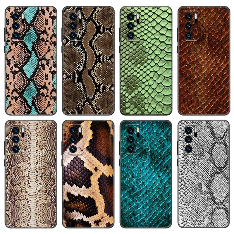 Snake Skin Case For Huawei P50 P40 P30 P20 Pro P10 P9 P8 Lite 2017 P Smart Z S 2021 2020 Pro 2019 2018 Black Cover