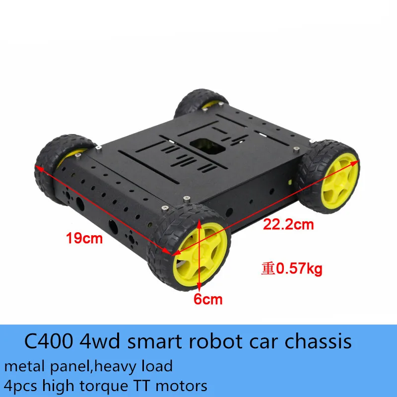 

Комплект металлических шасси C400 4WD для смарт-автомобиля, платформа для робота с нагрузкой 5 кг, 4 шт., кронштейн для двигателя TT из алюминиевого сплава, обучающая игрушка «сделай сам»