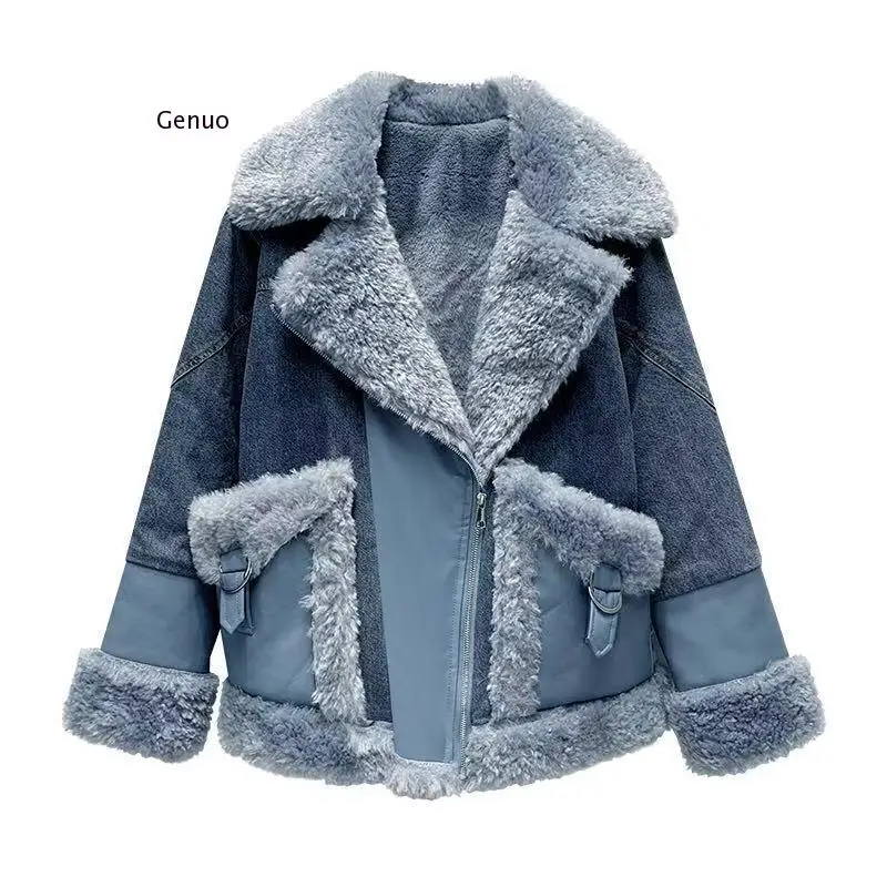 Autumn and Winter New Faux Lamb Wool Stitching Denim Jacket Women\'s Long Section Loose Plus Velvet Thick Cotton Coat Tide