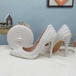 BaoYaFang-zapatos de tacón alto con cuentas blancas para mujer, calzado de boda con perlas, con punta puntiaguda, para fiesta, talla grande