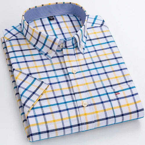Camisas de verano de talla grande para hombre, camisa Oxford de rayas verticales de manga corta de ajuste estándar, camisa holgada a cuadros de algodón suave y sólido para hombre