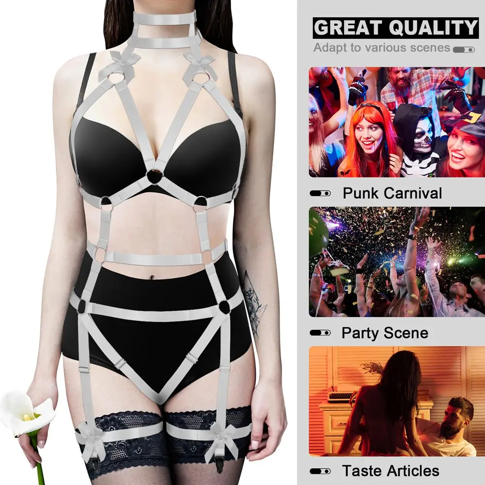 White Strappy Bow Cage Bra Harness For Women Belt Punk Goth Accessories Festival Rave Wear Costume Erotic Lingerie Set Garters