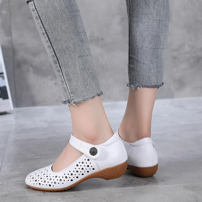 GKTINOO Genuine Leather Ladies Flat Summer Shoes Woman Slip On Casual Loafers Hollow Out Round Toe Soft Comfort Sandals Female