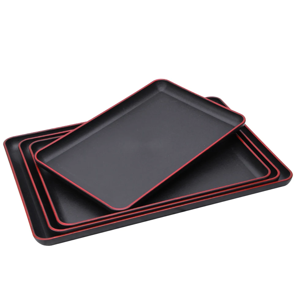 Japanese Tray Sushi Plate Melamine Imitation Porcelain Dinner Plate Rectangular Black Red Edge Hotel Guest Room Storage Tray