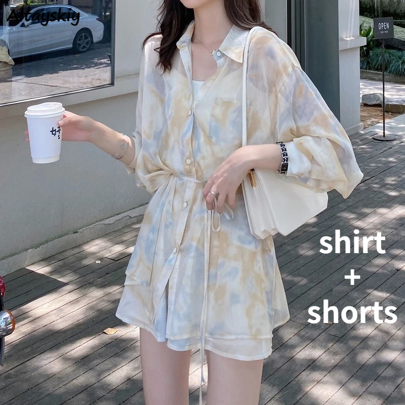 2 Pieces Sets Women Outfits Summer Sun-proof Chiffon All-match Tie Dye Loose Casual Shorts Street Ulzzang Fashion College Daily