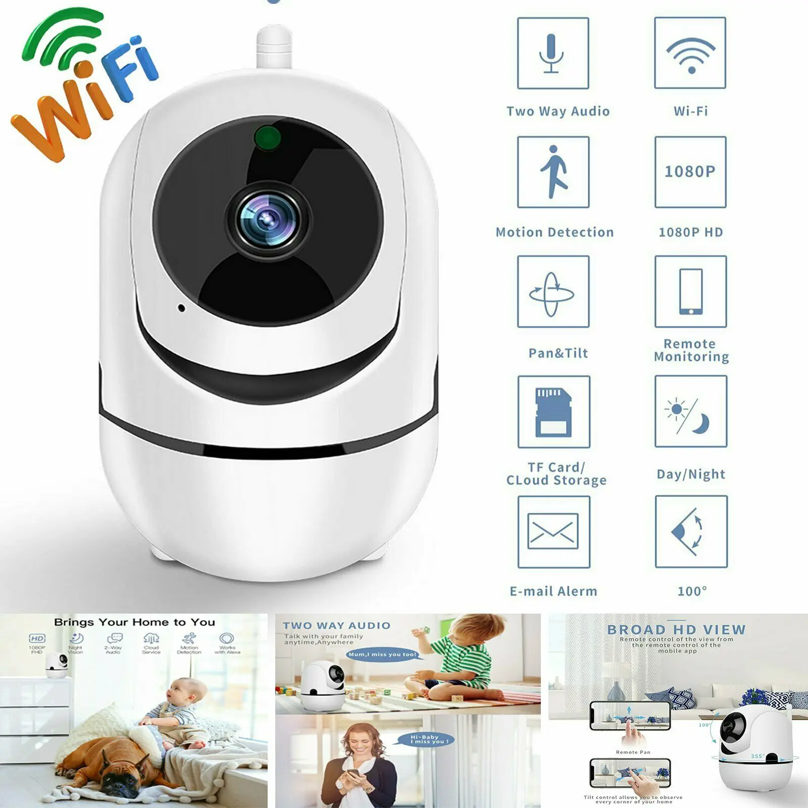 1080P HD WiFi Camera Wireless IP Camera Baby Monitor with Motion Detection Tracking Voice Alarm 2-way Audio Night Vision