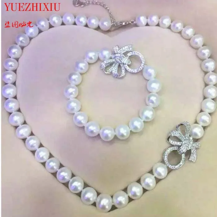 Hand knotted 10-11mm white freshwater pearl butterfly micro inlay zircon accessories necklace Bracelet set