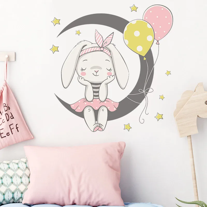 Cartoon Moon Bunny Wall Stickers Kids Girls Room Home Decor Wallpaper Bedroom Living Room Background Beautify Decoration Sticker