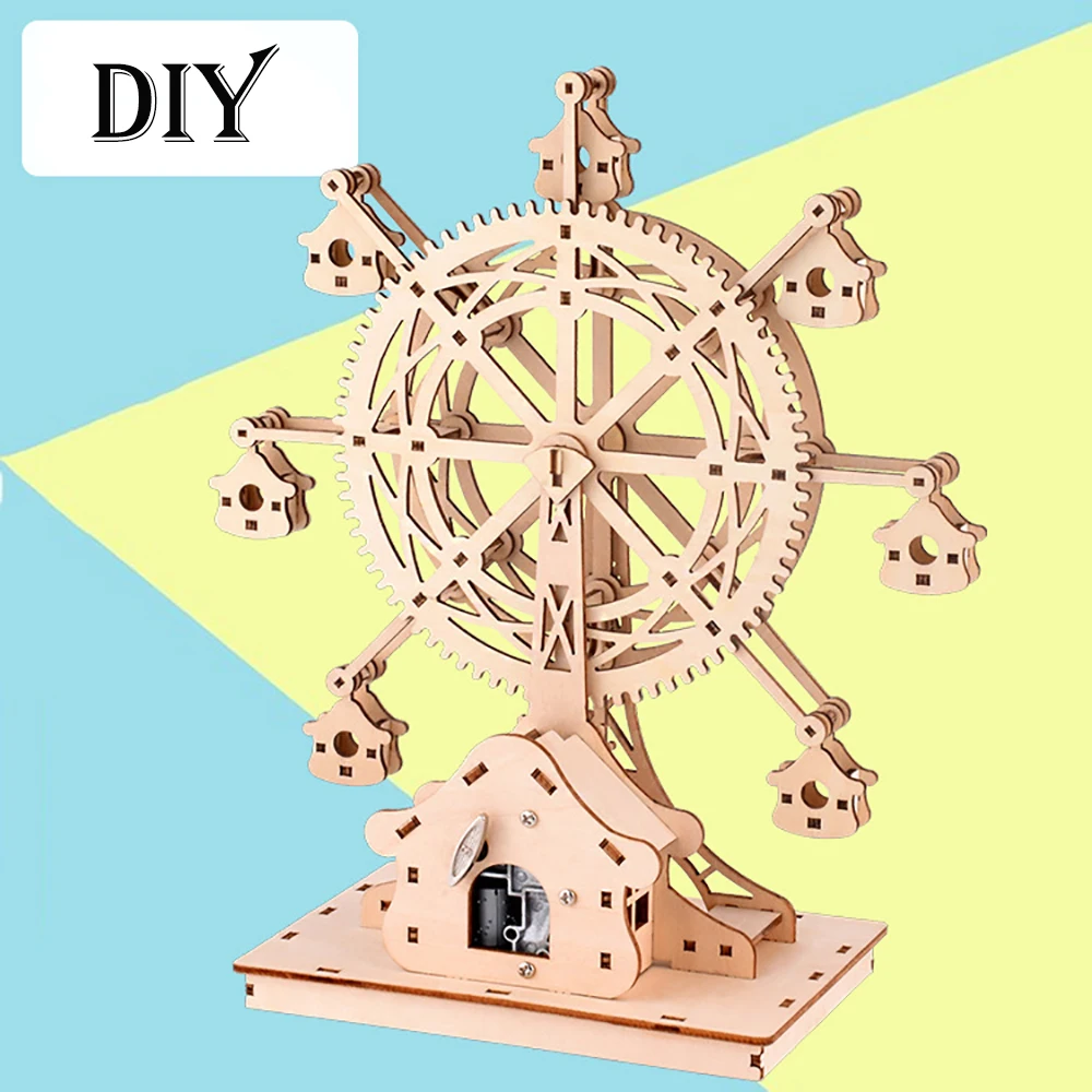 DIY wind up music happy ferris wheel wooden making jigsaw puzzle assembling wooden toys hands on model